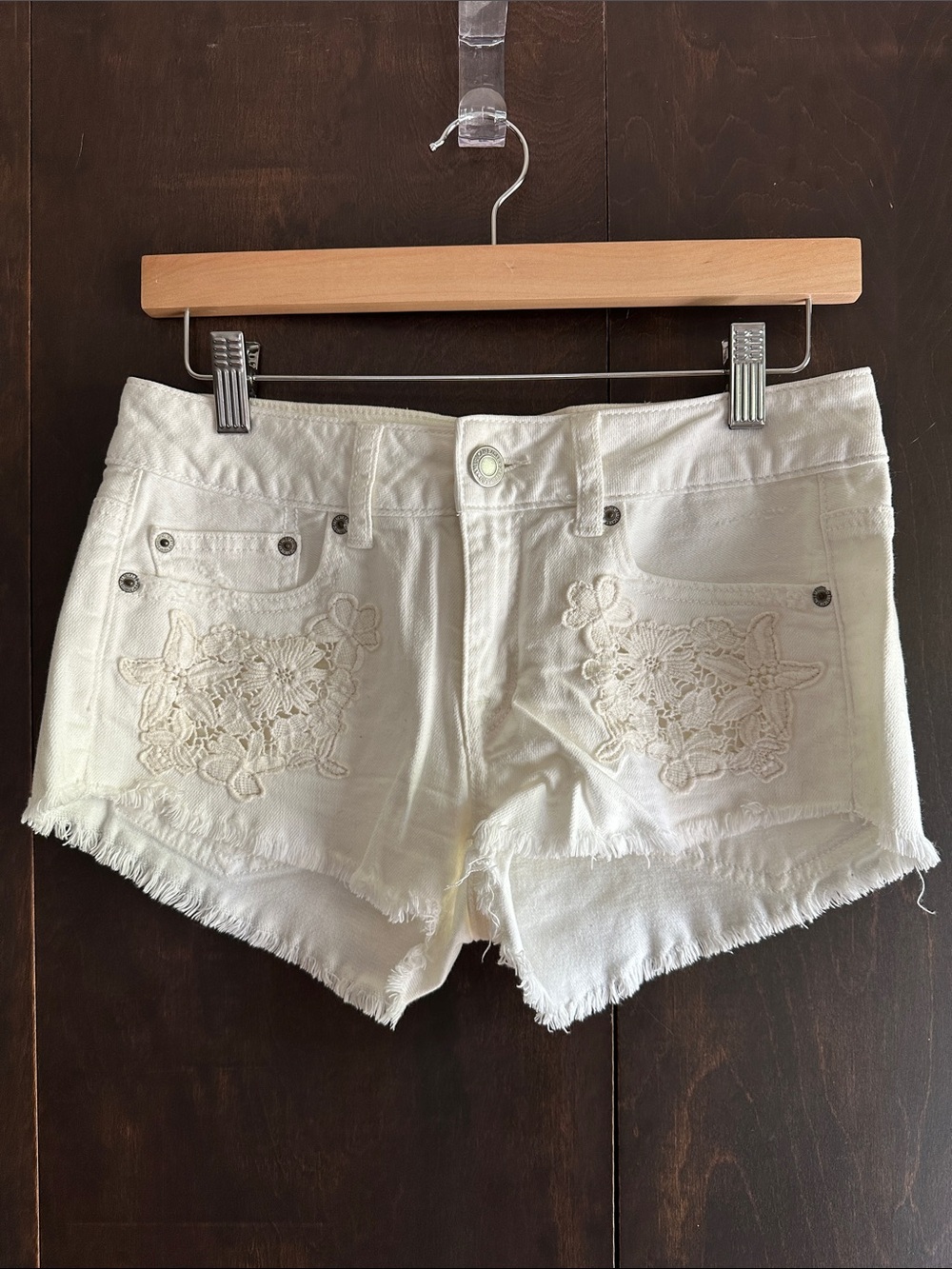 American Eagle Outfitters White Denim Lace-Appliqué Cutoff Shorts